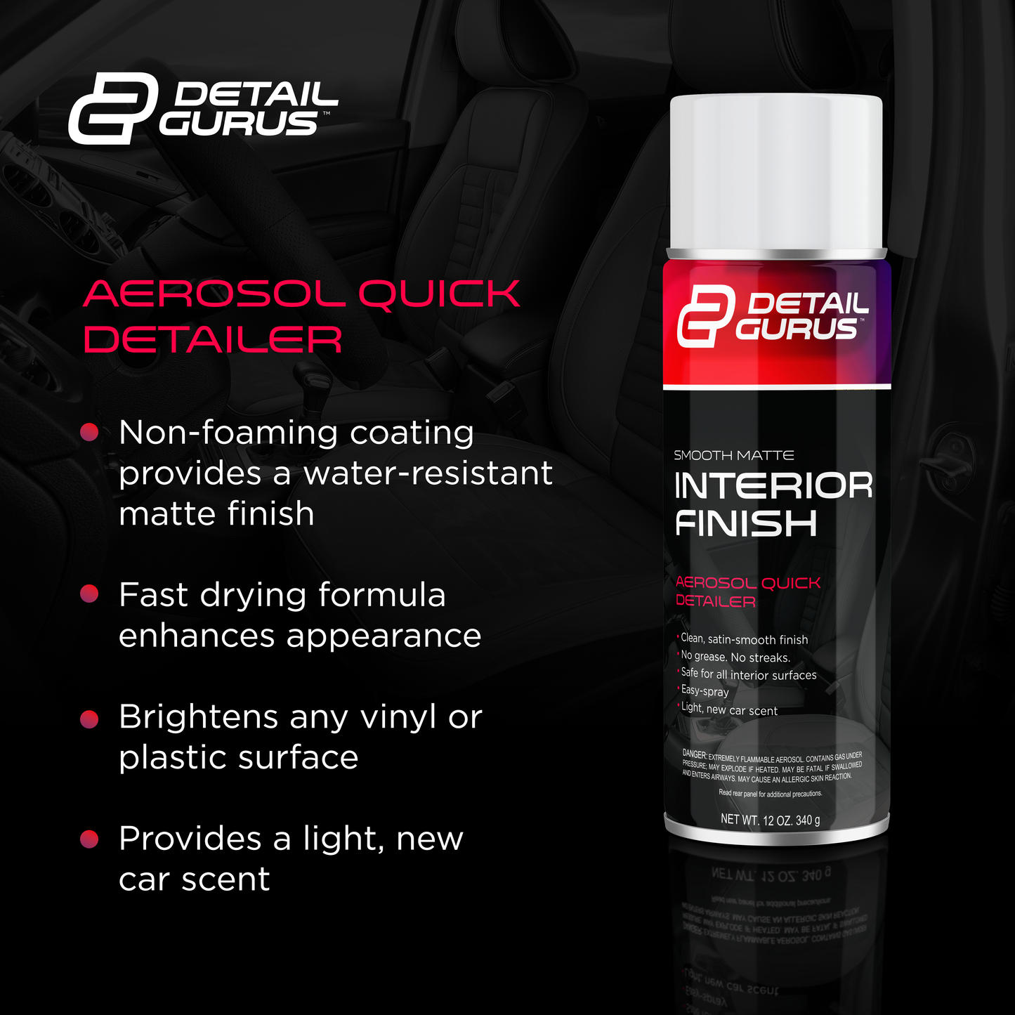 Detail Gurus Automotive Matte Interior Quick Detailer – Aerosol Spray for Smooth Matte Finishes – Streak-Free, Non-Greasy Cleaner with Light New Car Scent – Dash, Trim & Panels – 12 oz