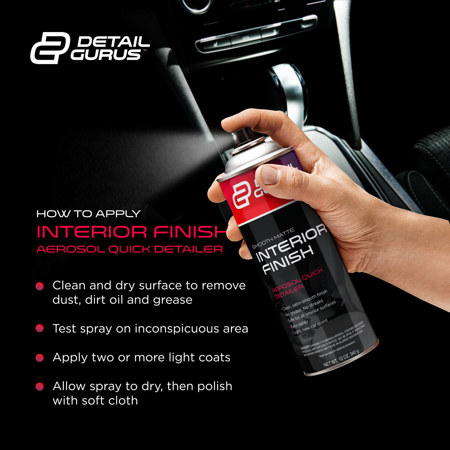 Detail Gurus Automotive Matte Interior Quick Detailer – Aerosol Spray for Smooth Matte Finishes – Streak-Free, Non-Greasy Cleaner with Light New Car Scent – Dash, Trim & Panels – 12 oz