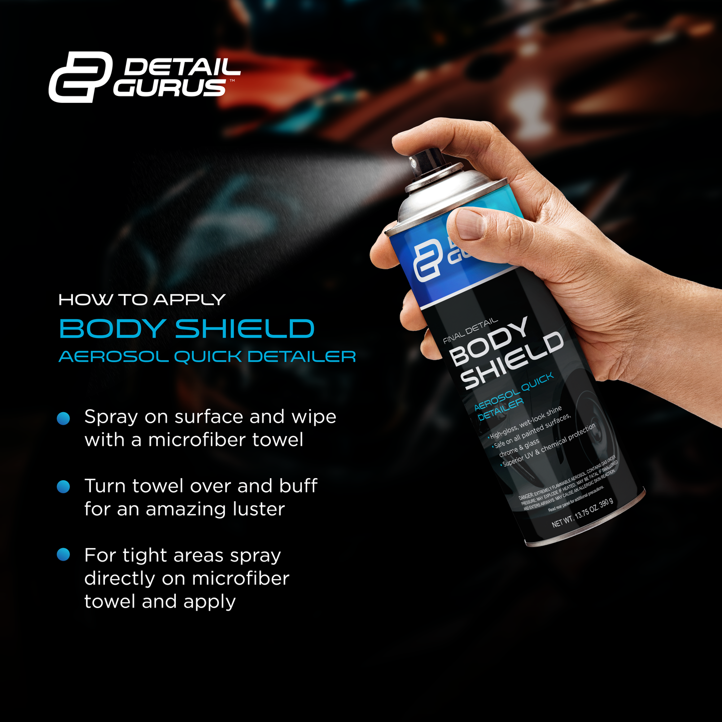 Detail Gurus Body Shield Quick Detailer – Effortless High-Gloss Shine Spray – Instant Waterless Clean & Polish for Cars, Boats, Trucks & Motorcycles – Safe on All Paint Types- 13.75 oz
